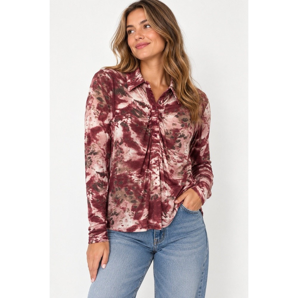 Cache Women's L Red Pink Abstract Print Button Blouse Y2K Vintage Tie Dye